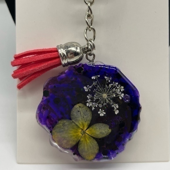 Handmade Resin Yellow & White Floral Pink Glitter & Heart Key Chain Bag Charm - Picture 3 of 5